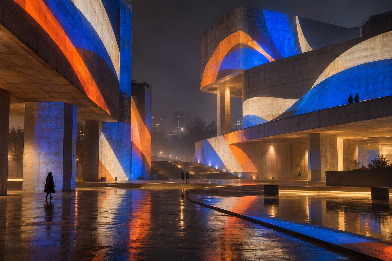 Brutalist buildings covered in enormous cobalt, orange, and cream projections at night