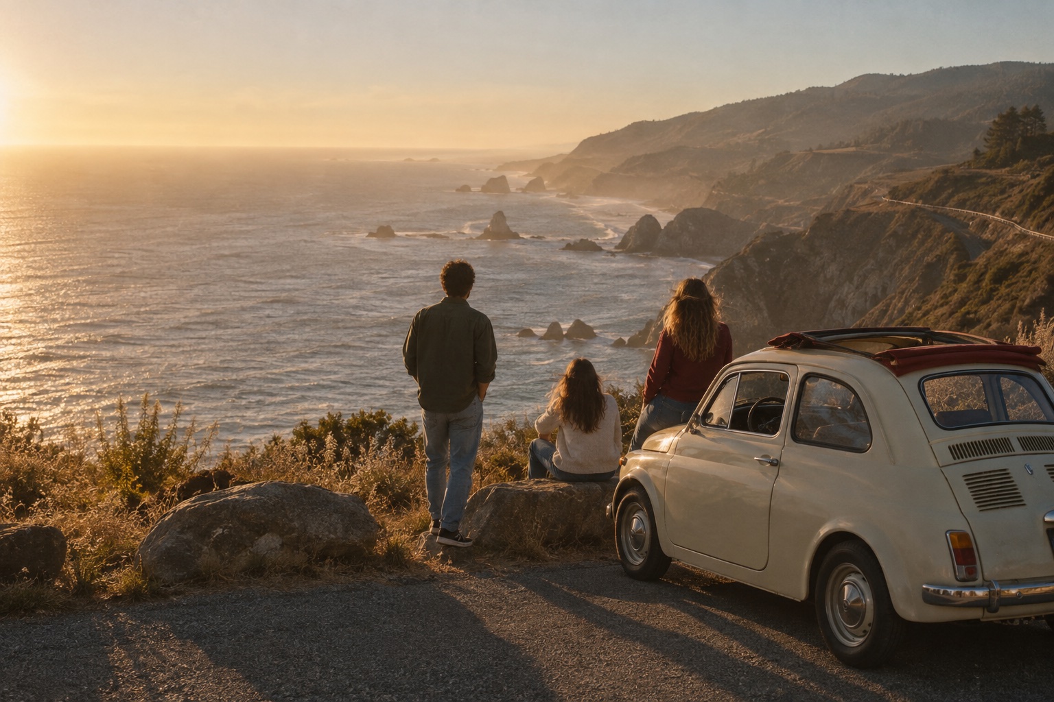 Three friends overlooking a sunlit coast beside a small vintage car