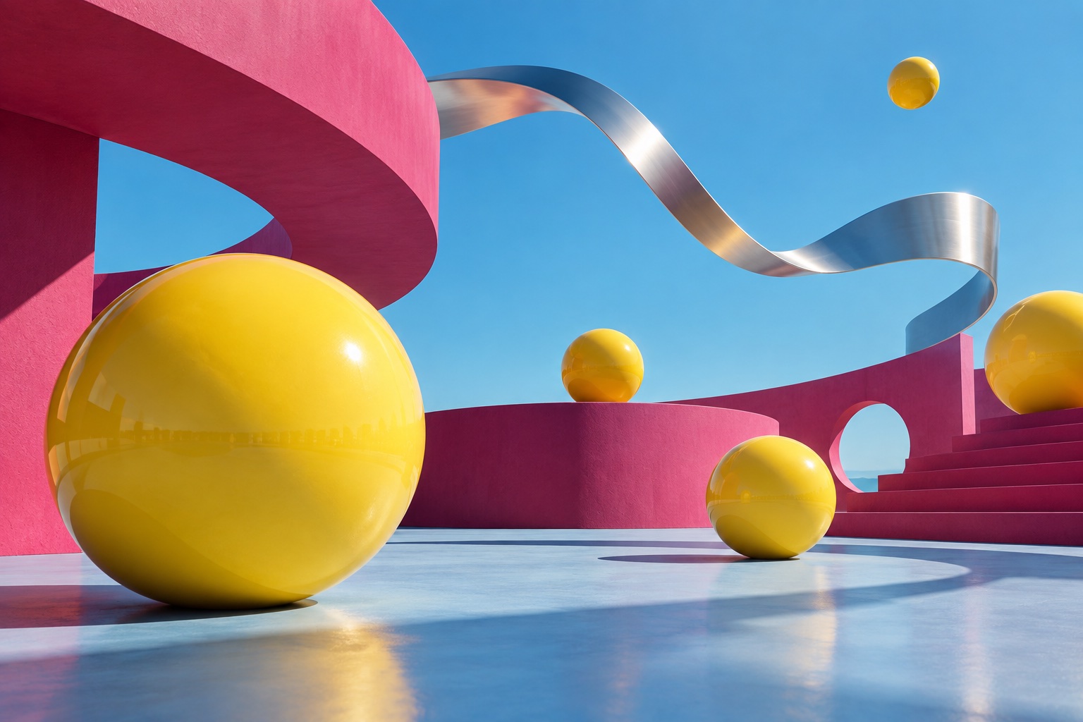 Yellow spheres, magenta architecture, and a silver ribbon on a blue studio set