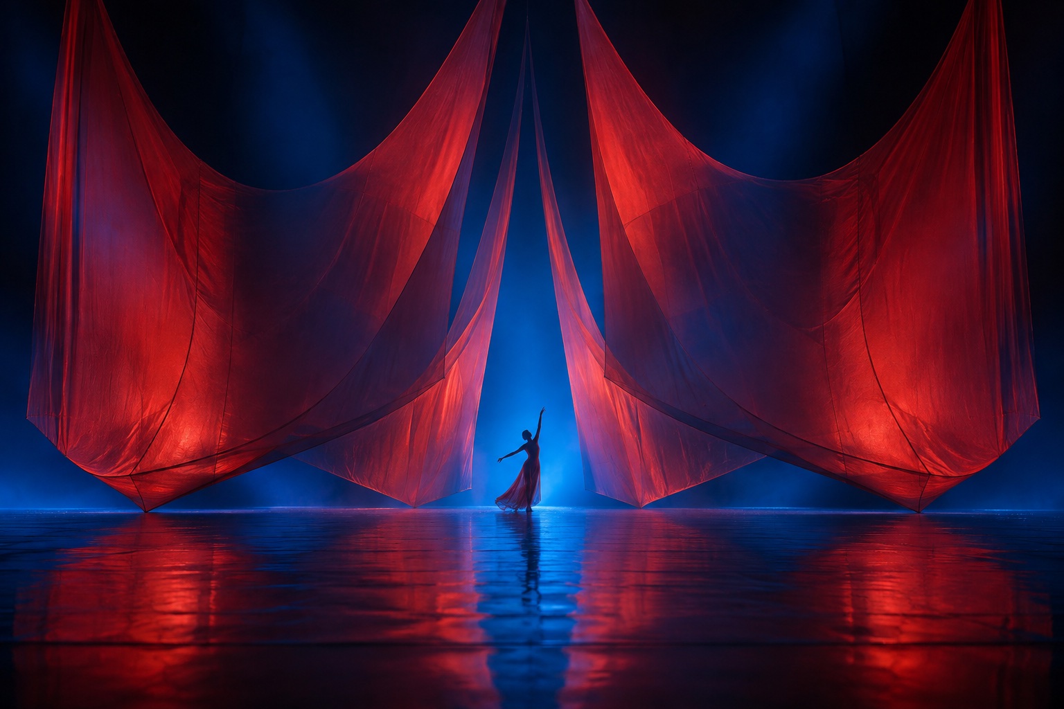 A lone dancer performing between monumental translucent red sails under blue light